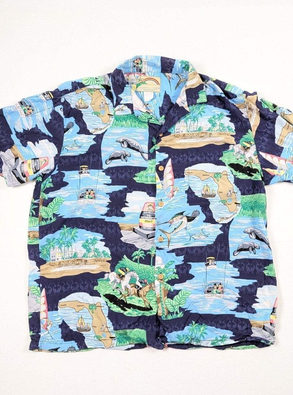 Paradise Found Vintage Florida Gold Coast Ocean Drive Rayon Hawaiian Shirt